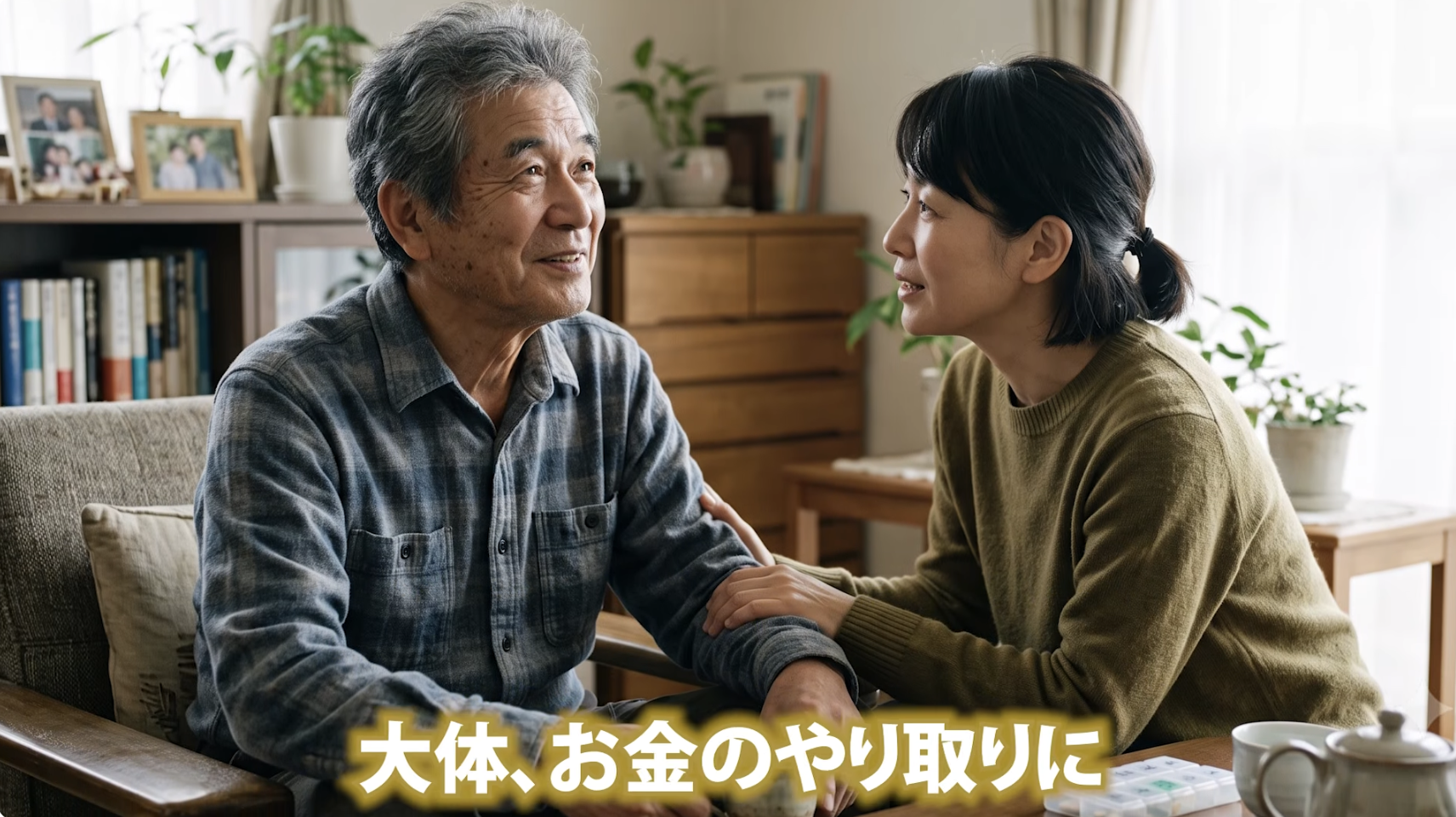 5:55頃/お金のやり取りや近所の人の指摘から気づくシーンの説明