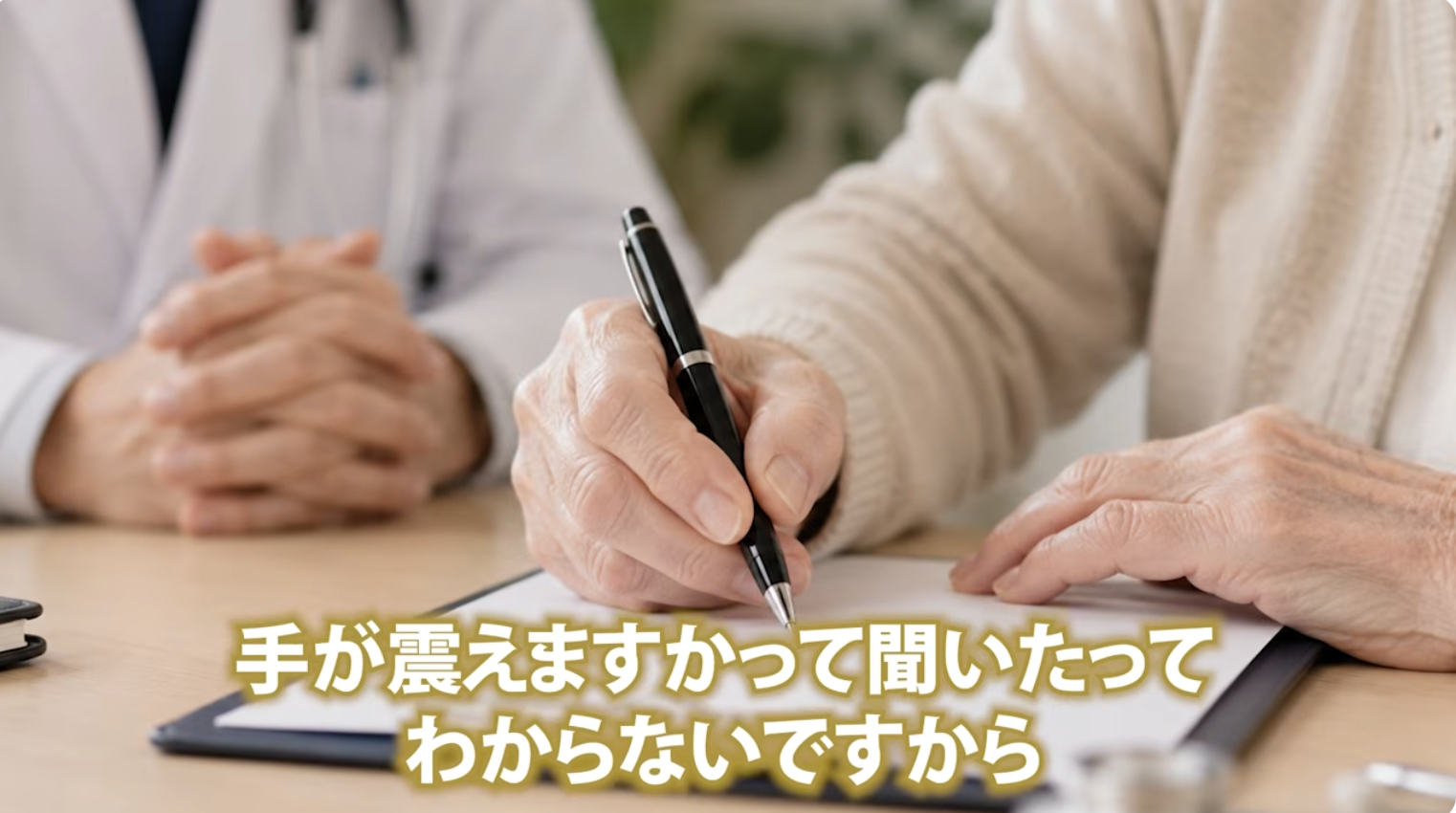 4:53頃／会話をしながら手の震えを観察する様子